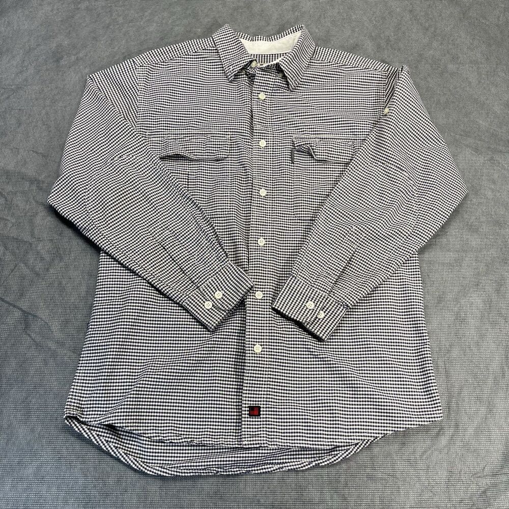 Woolrich Wool Blend Flannel Shirt Men LARGE Black Beige Plaid USA Pockets Button
